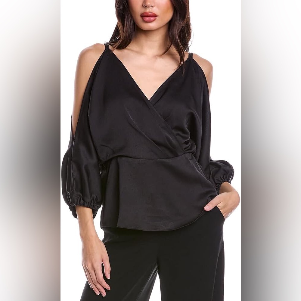 NEW! Trina Turk Mixology Black Satin Top Peplum Surplice Size XS - Picture 9 of 9